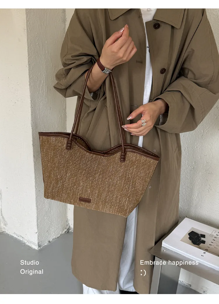 Solid Color Square Straw Tote Bag for Women with Braid Detail and Single Shoulder Strap