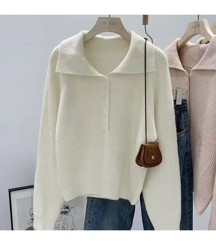 Loose Solid Color Long Sleeve Polyester Women's Pullover Sweater with Button Detail