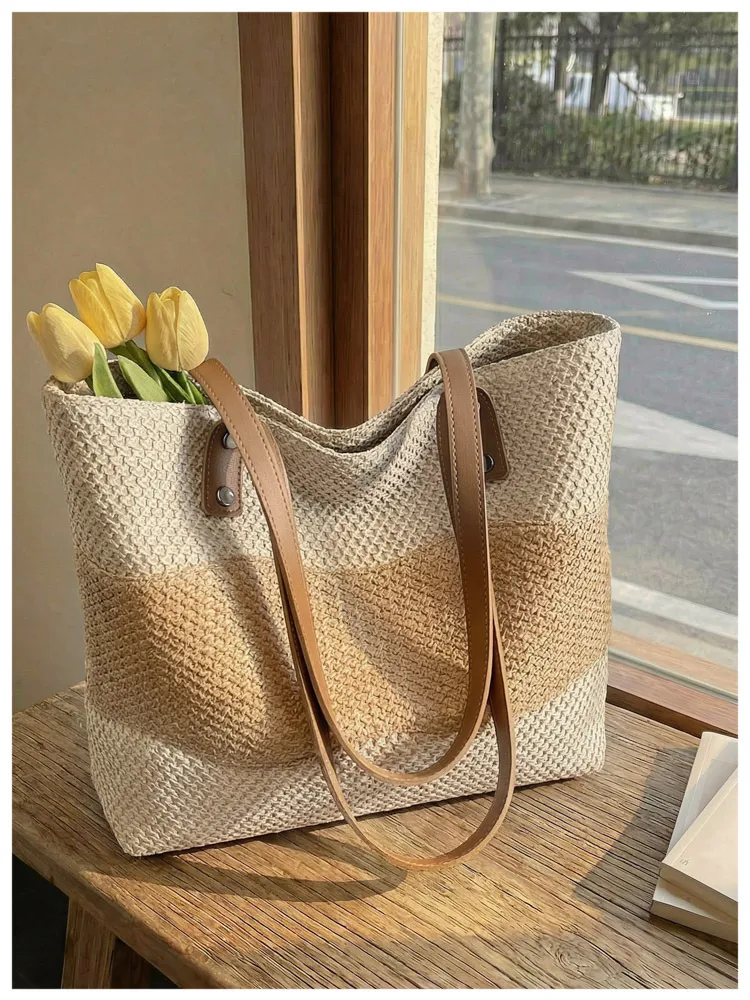 Women’s Square Straw Bag with Braid Design Featuring Single Shoulder Strap, Perfect for Spring & Summer