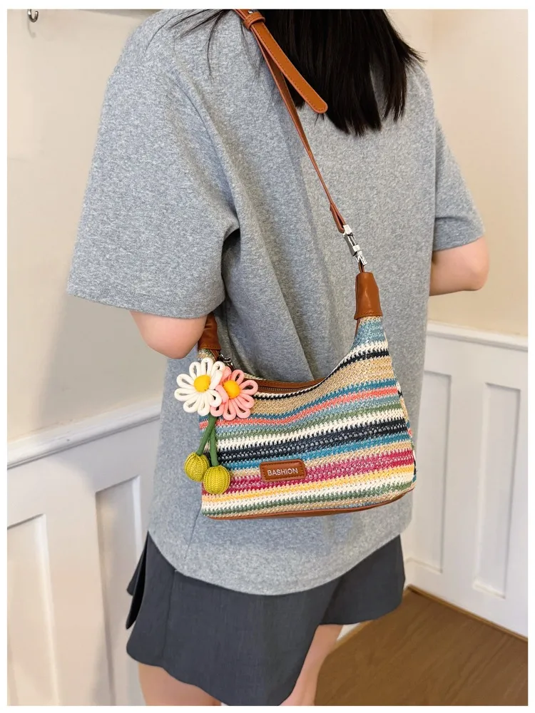Rainbow Straw Bucket Bag for Women with Braid Detail, Perfect Summer Shoulder Bag