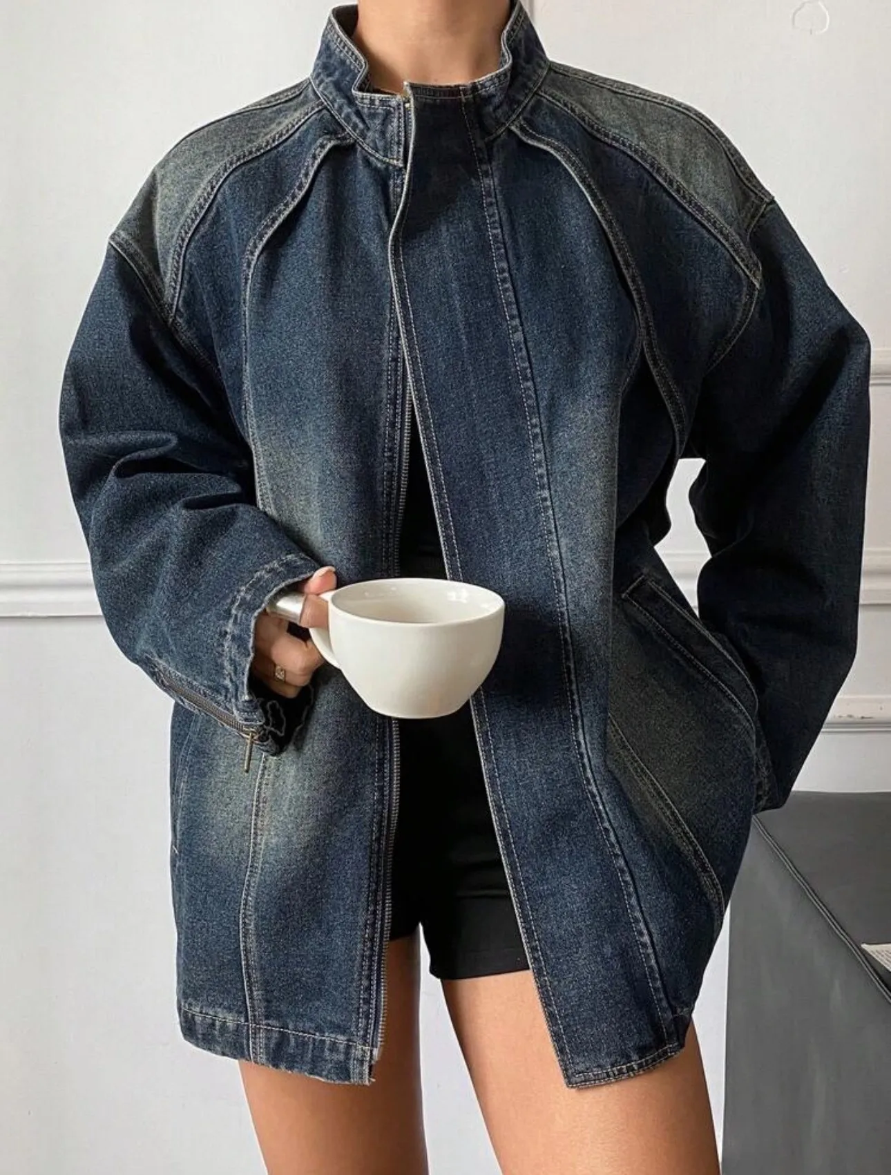 Vintage Style Denim Jacket Coat with Zipper Placket, Standing Collar, Washed Cotton Blends Fabric for Women