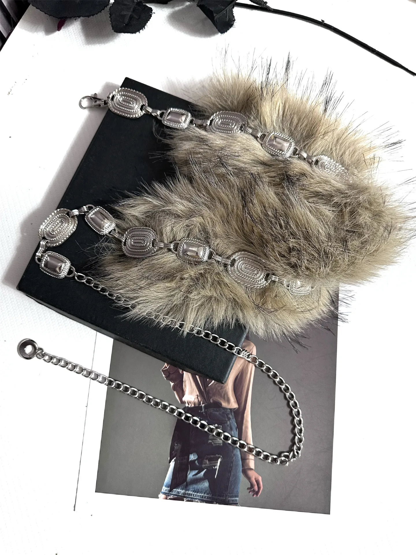 Fuzzy Ball Waist Chain Belt in Silver Metal with Alloy Buckle