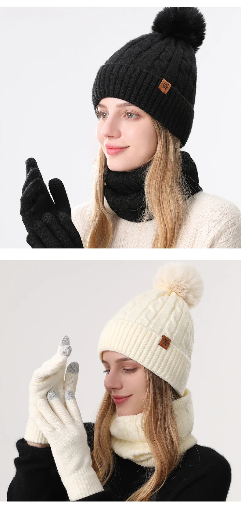 Original Design Solid Color Wool Cap for Women, 3 Pieces Set in Acrylic, Knitted Style