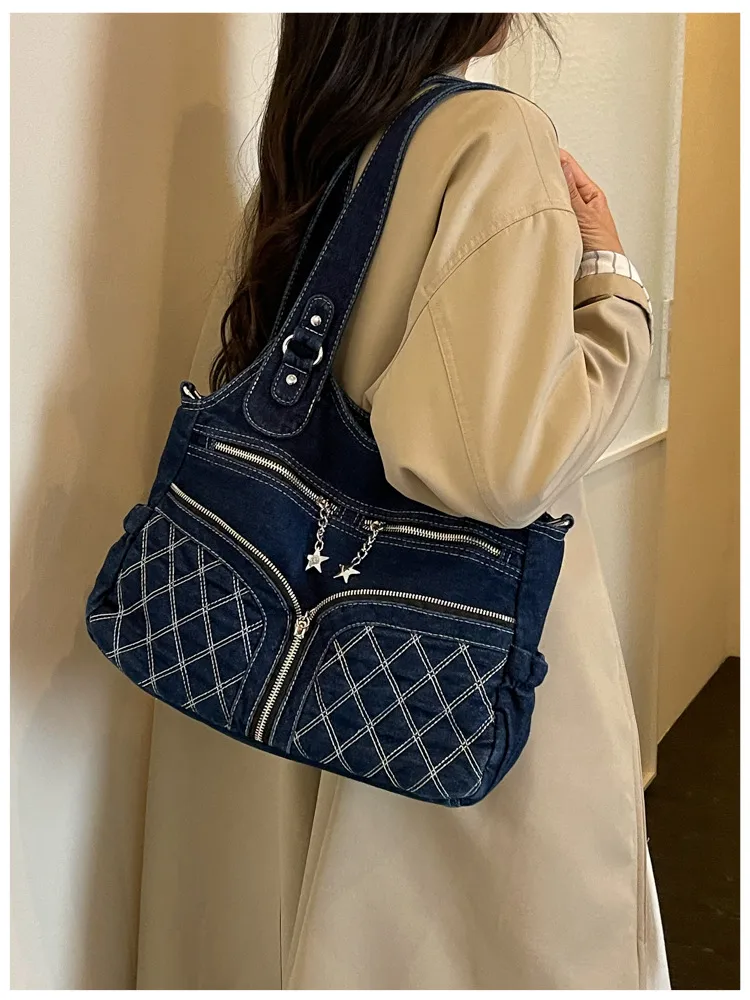 Women’s Solid Color Denim Tote Bag in Square Shape with Single Shoulder Strap and Spacious Capacity