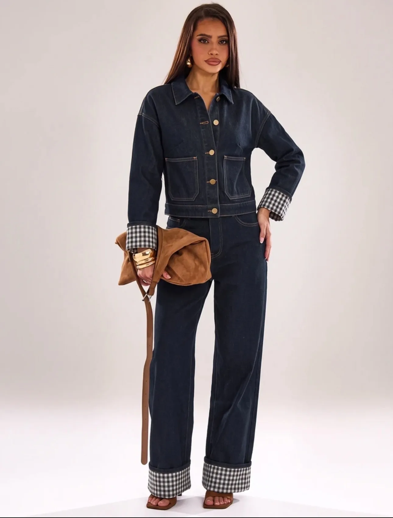 Plaid Denim Pant Co-ord Set with Vintage Style Washed Coat featuring Lapel Collar, 2 Pieces Set