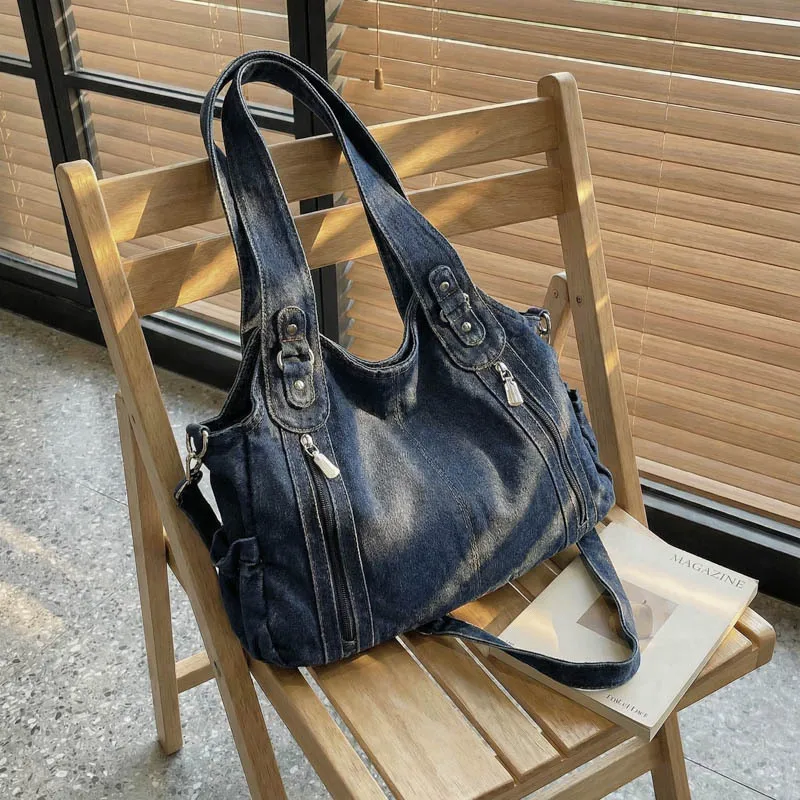 Women’s Square Denim Tote Bag with Sewing Thread Detail, Single Shoulder Strap, Perfect for Spring