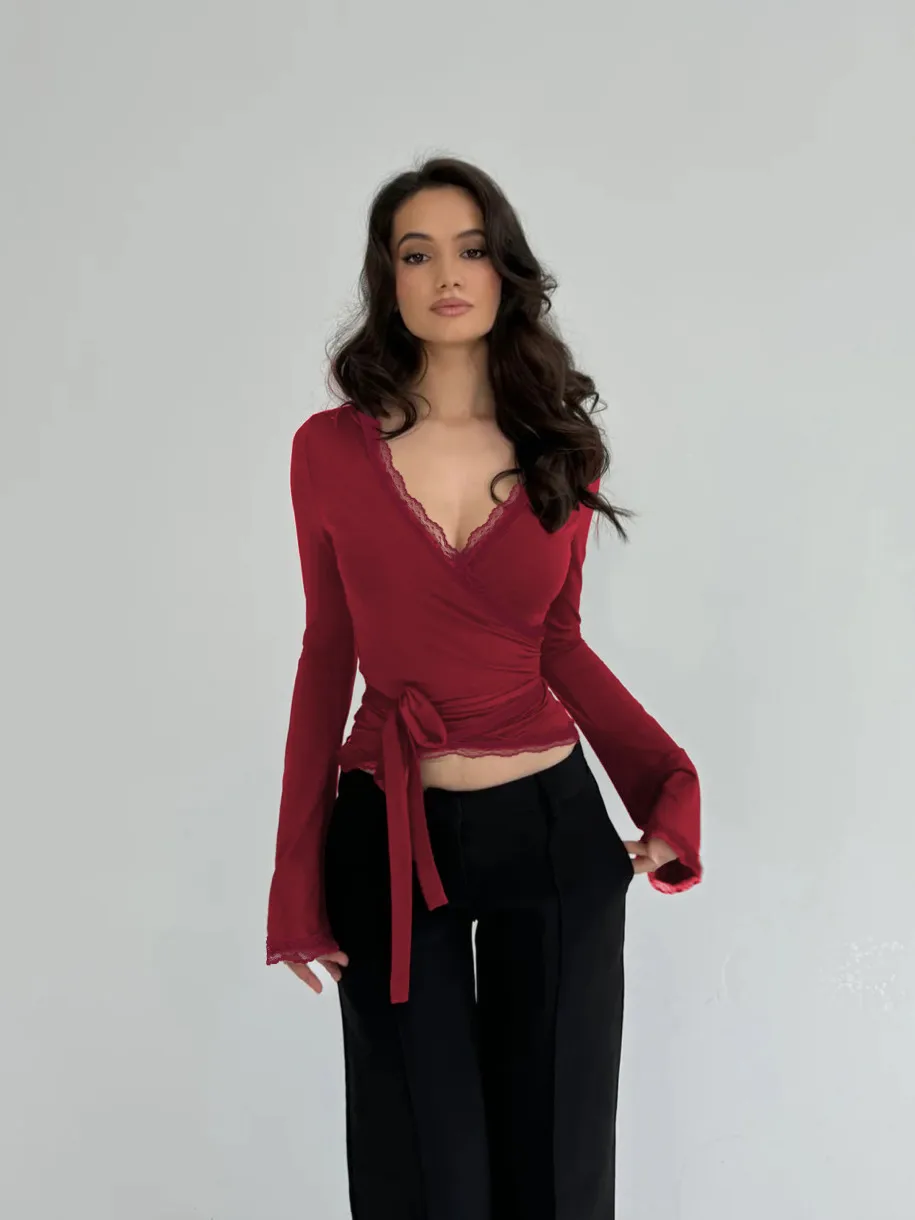 Sexy Slim Fit Long Sleeve V Neck Solid Color T-Shirt with Lace Detail for Women