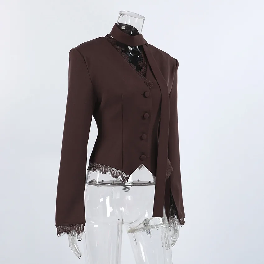 Elegant Lace Long Sleeve Polyester Blazer with Single Breasted Closure
