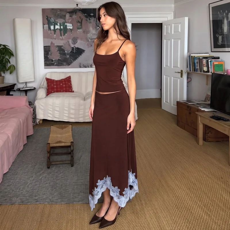 Streetwear Skirt Co-ord Set in Elastane Featuring Asymmetrical Design, Sleeveless 2 Pieces Set for Summer Street Style