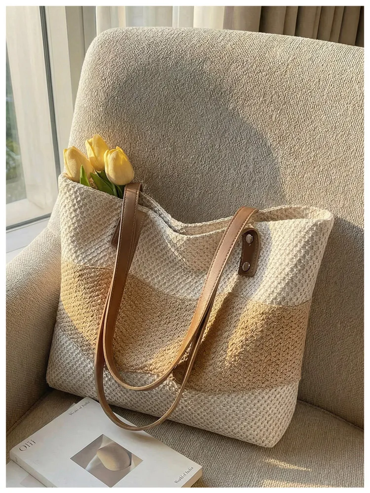 Women’s Square Straw Bag with Braid Design Featuring Single Shoulder Strap, Perfect for Spring & Summer