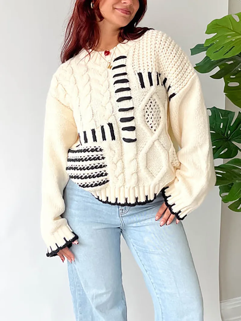 Striped Crochet Lace Long Sleeve Loose Pullover Sweater for Women
