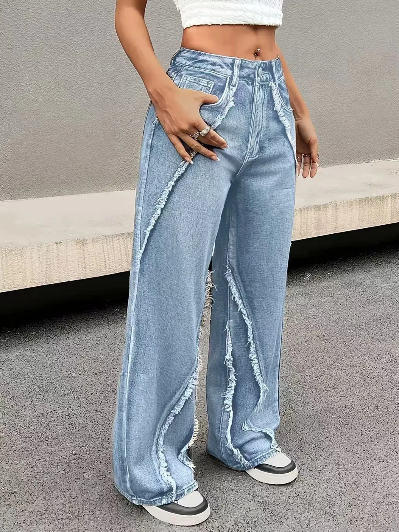 Vintage Style Wide Leg Full Length Pants for Women in Denim Cotton Fabric with Washed Craft, Micro-Elastic, Spring and Summer