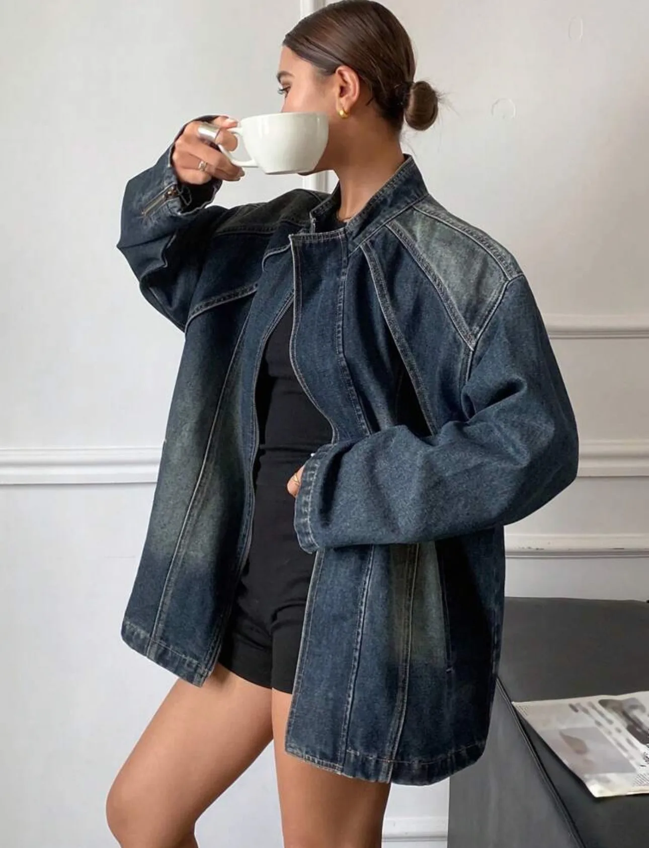 Vintage Style Denim Jacket Coat with Zipper Placket, Standing Collar, Washed Cotton Blends Fabric for Women