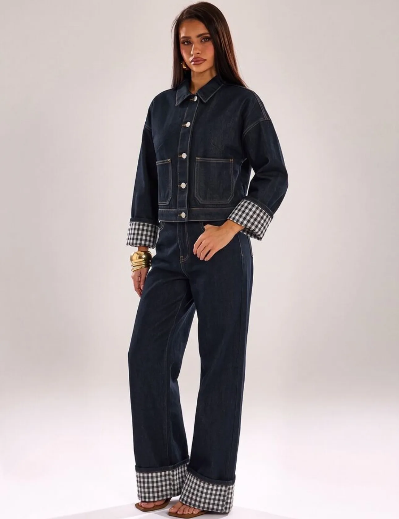 Plaid Denim Pant Co-ord Set with Vintage Style Washed Coat featuring Lapel Collar, 2 Pieces Set