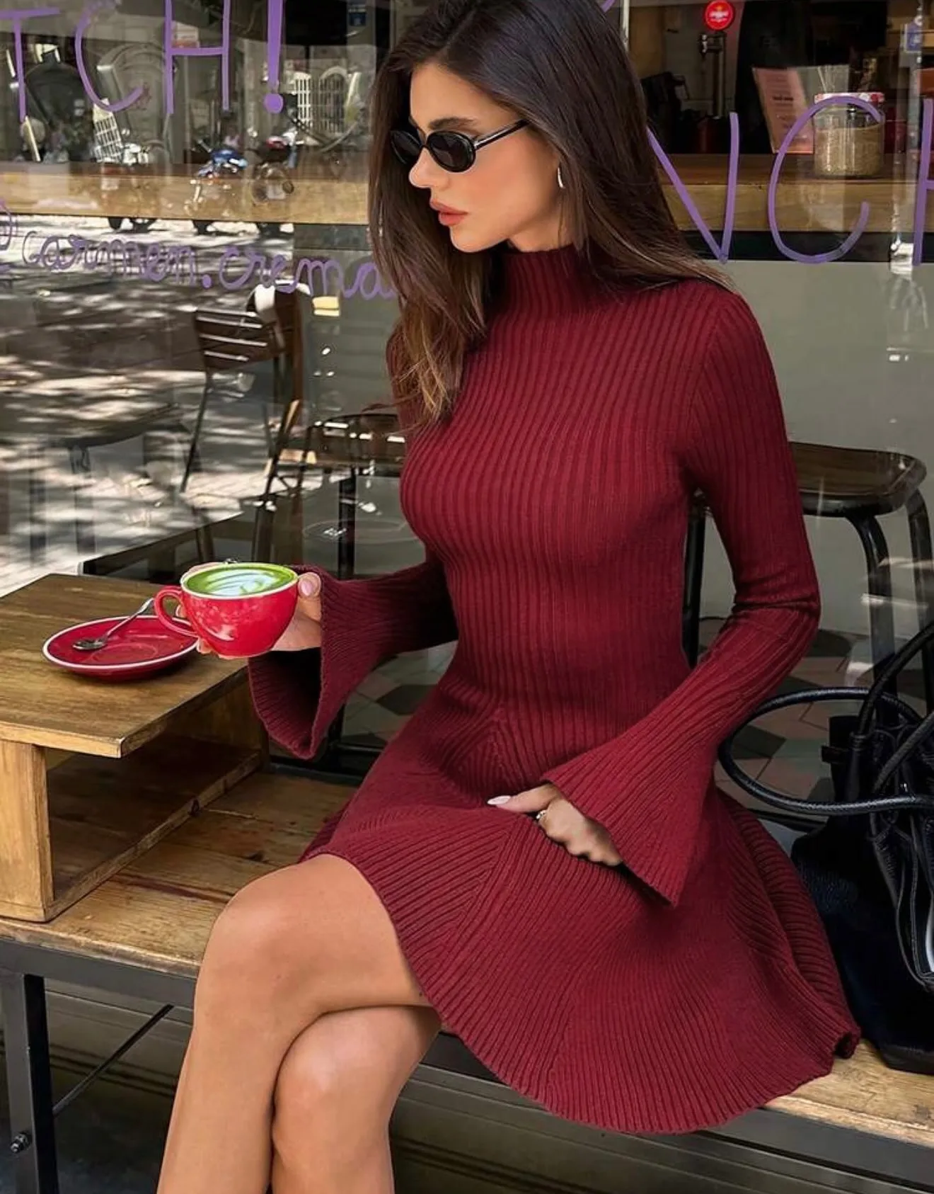 Solid Color Long Sleeve Turtleneck Sweater Dress in Polyester Fabric with Above Knee Length for Streetwear