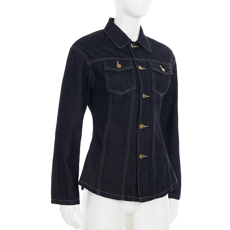 Casual Women's Denim Jacket with Belt in Denim Fabric Featuring Standing Collar and Long Sleeves