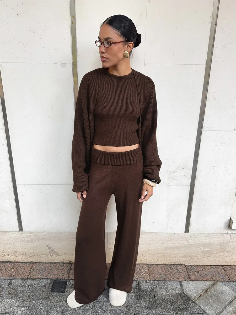 Elegant Solid Color Wide Leg Pants Pant Co-ord Set in Knitted Fabric with Knitted Craft, Featuring Halter Style, 3 Pieces Set