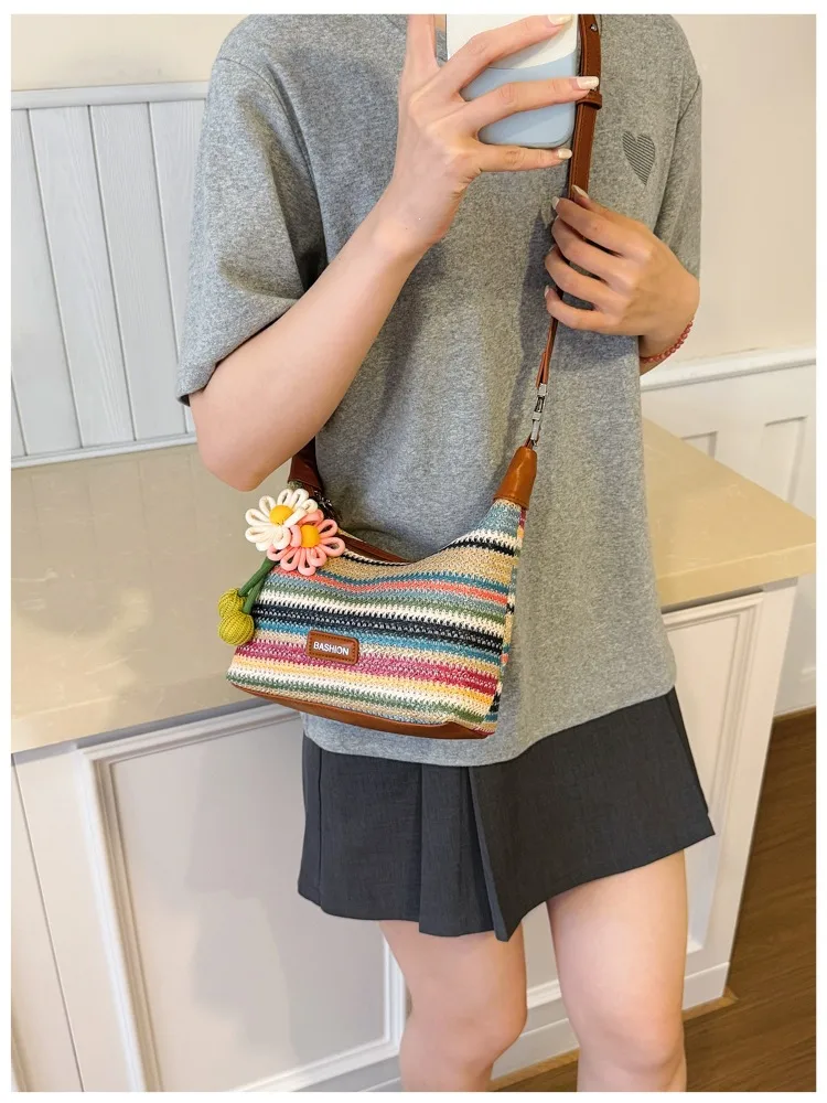 Rainbow Straw Bucket Bag for Women with Braid Detail, Perfect Summer Shoulder Bag