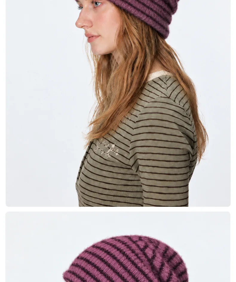 New Style Warm Stripe Wool Cap for Women, Brimless Design in Soft Acrylic Material