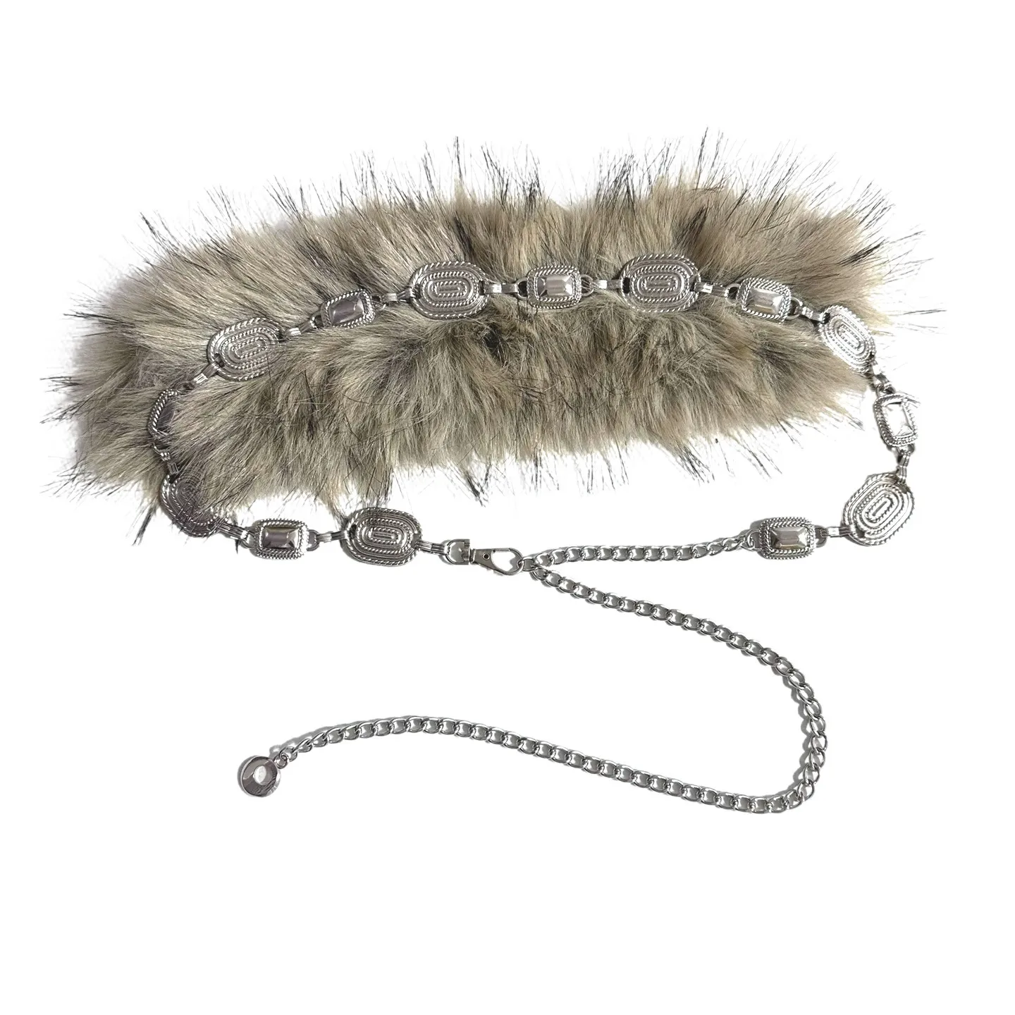 Fuzzy Ball Waist Chain Belt in Silver Metal with Alloy Buckle