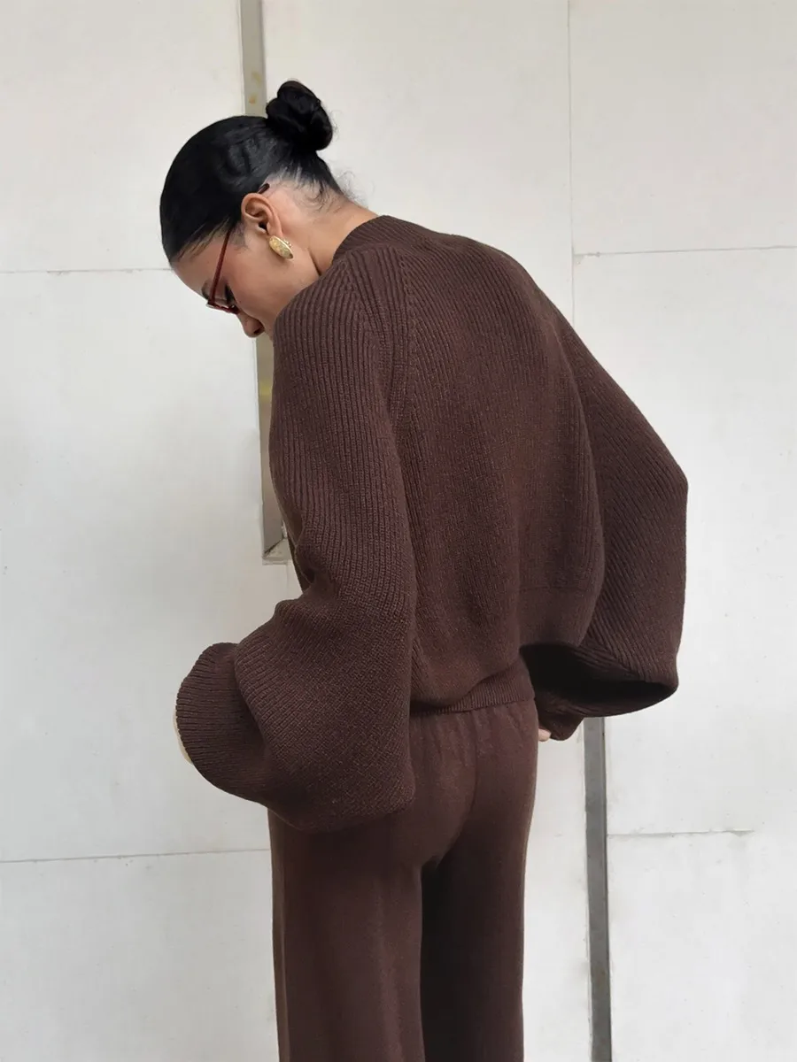 Elegant Solid Color Wide Leg Pants Pant Co-ord Set in Knitted Fabric with Knitted Craft, Featuring Halter Style, 3 Pieces Set
