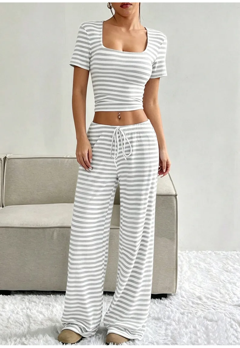 Women’s Casual Stripe Milk Fiber Pajamas with Printing and Dyeing, Perfect for Spring