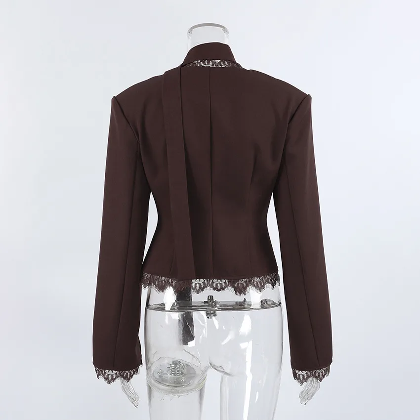 Elegant Lace Long Sleeve Polyester Blazer with Single Breasted Closure