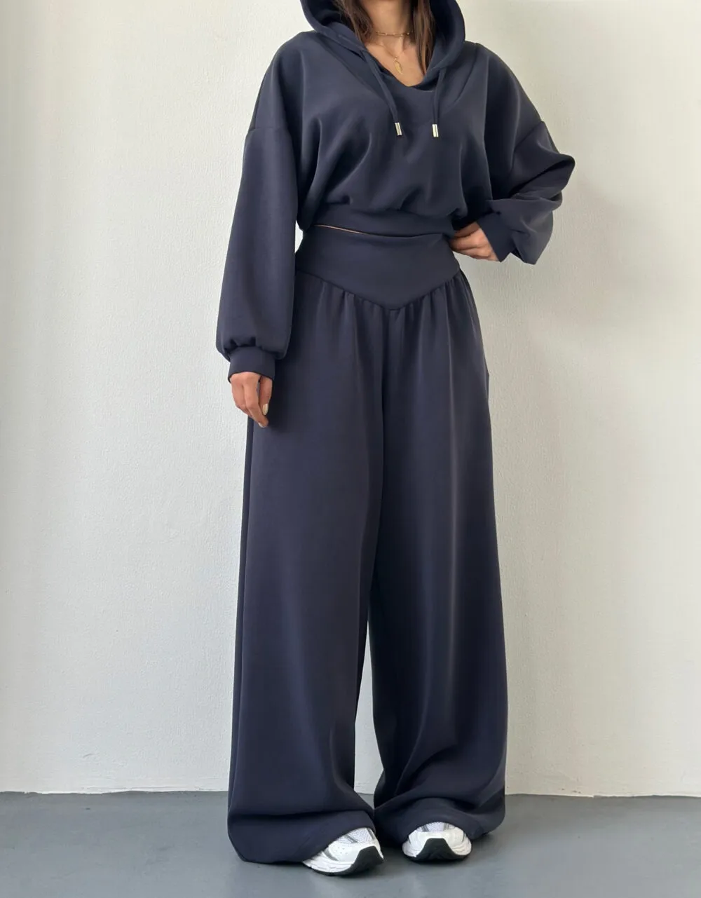 Solid Color Pant Co-ord Set, Casual Style, Cotton Polyester, V Neck, Long Sleeve, 2 Pieces
