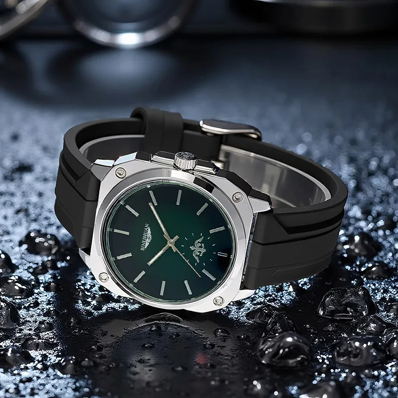 Men's Quartz Watch with Silica Gel Strap and Pin Buckle Featuring Quartz Glass Mirror