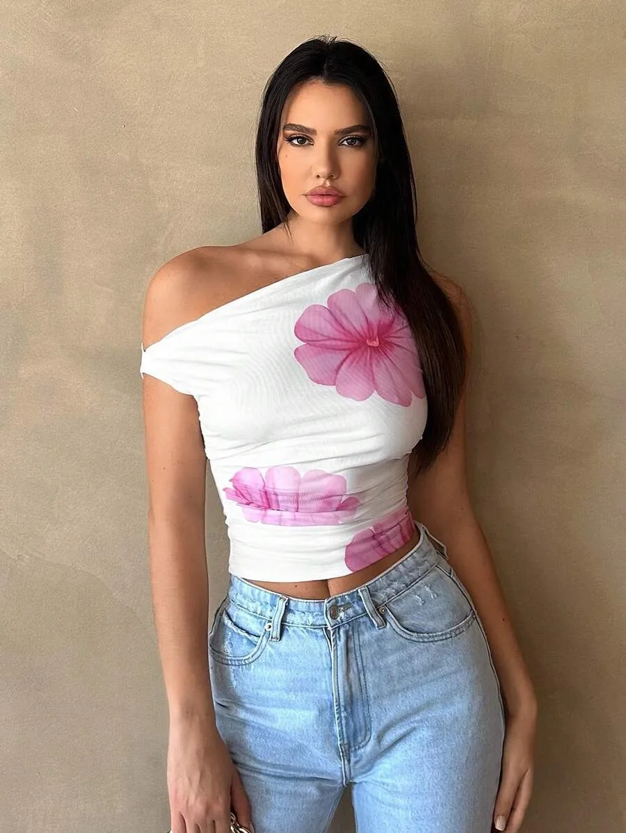 Sexy Slim Short Women's Polyester Tank Top with 3D Floral Pattern