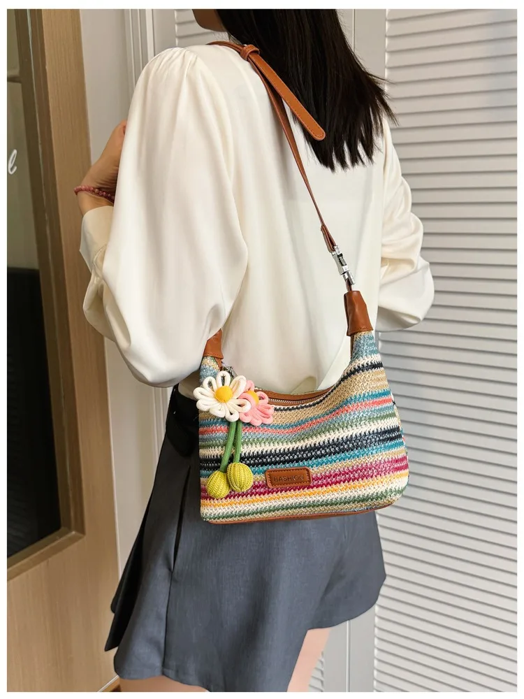 Rainbow Straw Bucket Bag for Women with Braid Detail, Perfect Summer Shoulder Bag