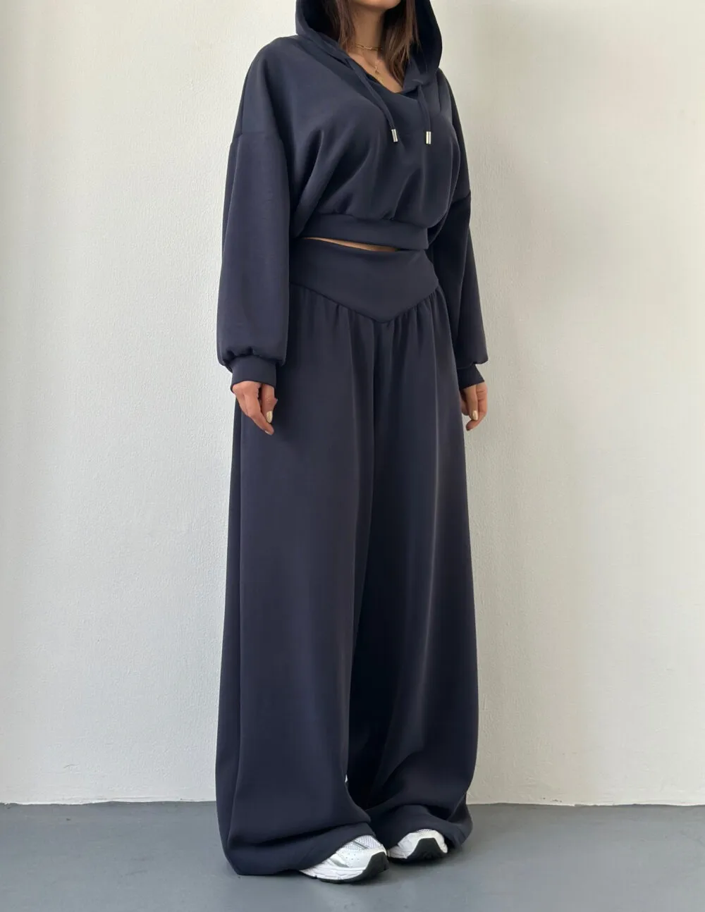 Solid Color Pant Co-ord Set, Casual Style, Cotton Polyester, V Neck, Long Sleeve, 2 Pieces