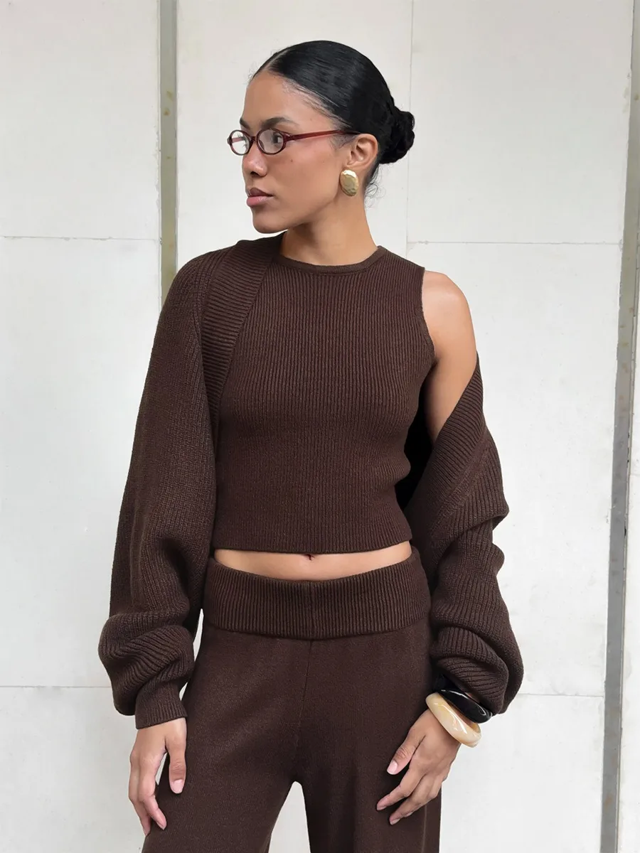 Elegant Solid Color Wide Leg Pants Pant Co-ord Set in Knitted Fabric with Knitted Craft, Featuring Halter Style, 3 Pieces Set