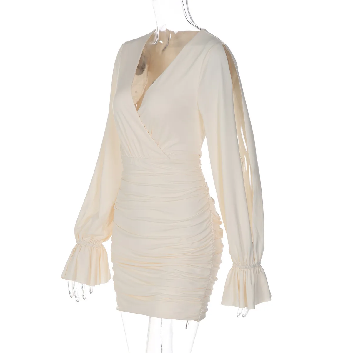 Solid Color V Neck Long Sleeve Bodycon Dress with Elastane Fabric in Above Knee Length for Elegant Mature Style