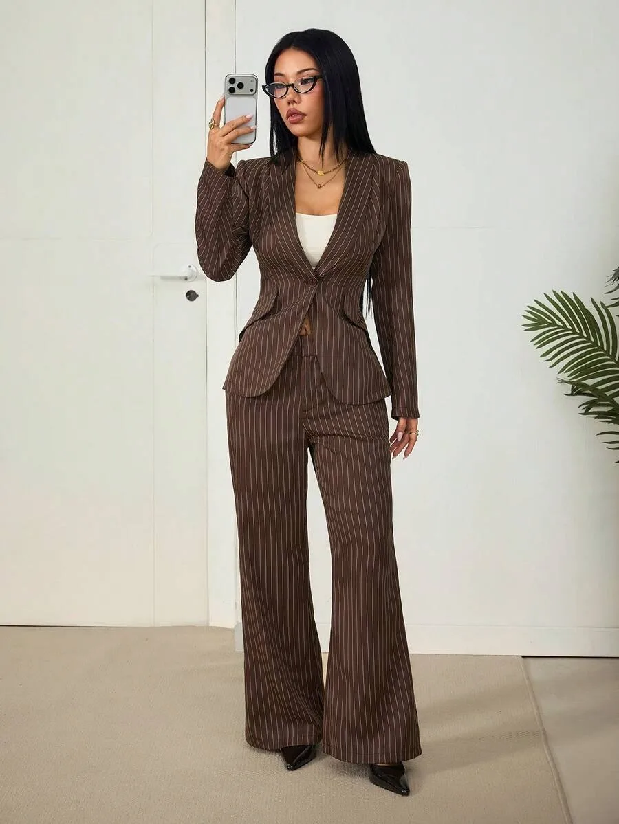 Elegant Solid Color Dress Pants and Blazer Suits Co-ord Set in Polyester with Patchwork Detail for Casual Wear, 2 Pieces Set