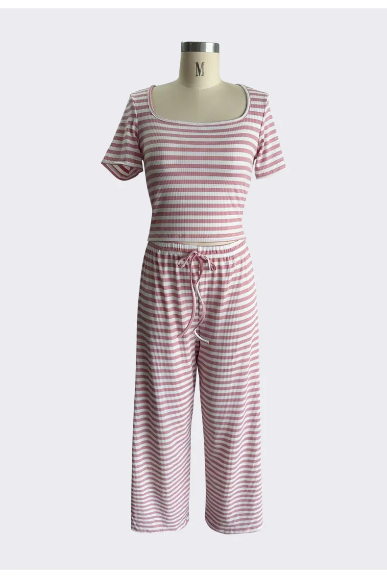 Women’s Casual Stripe Milk Fiber Pajamas with Printing and Dyeing, Perfect for Spring