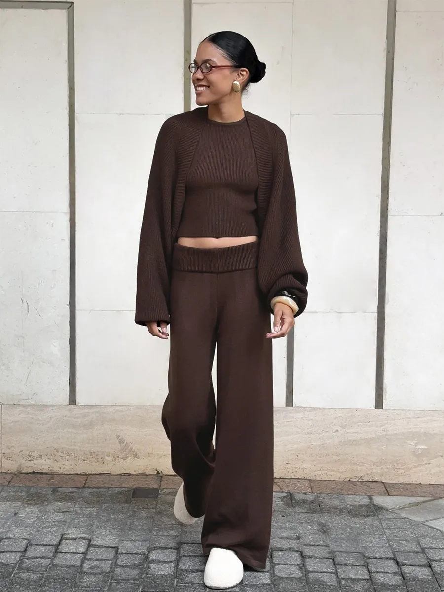 Elegant Solid Color Wide Leg Pants Pant Co-ord Set in Knitted Fabric with Knitted Craft, Featuring Halter Style, 3 Pieces Set