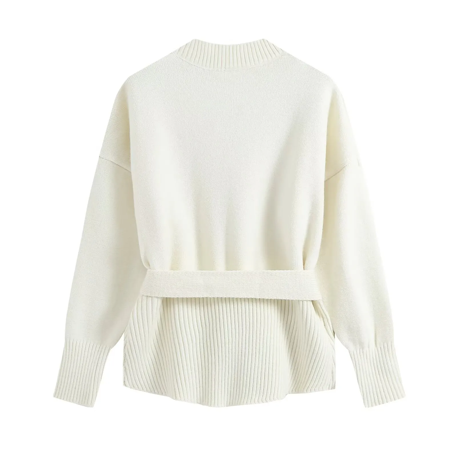 Streetwear Pant Co-ord Set in Knit Fabric with Belt, featuring V Neck and Long Sleeve, Full Length Pants with Stretchy Fit