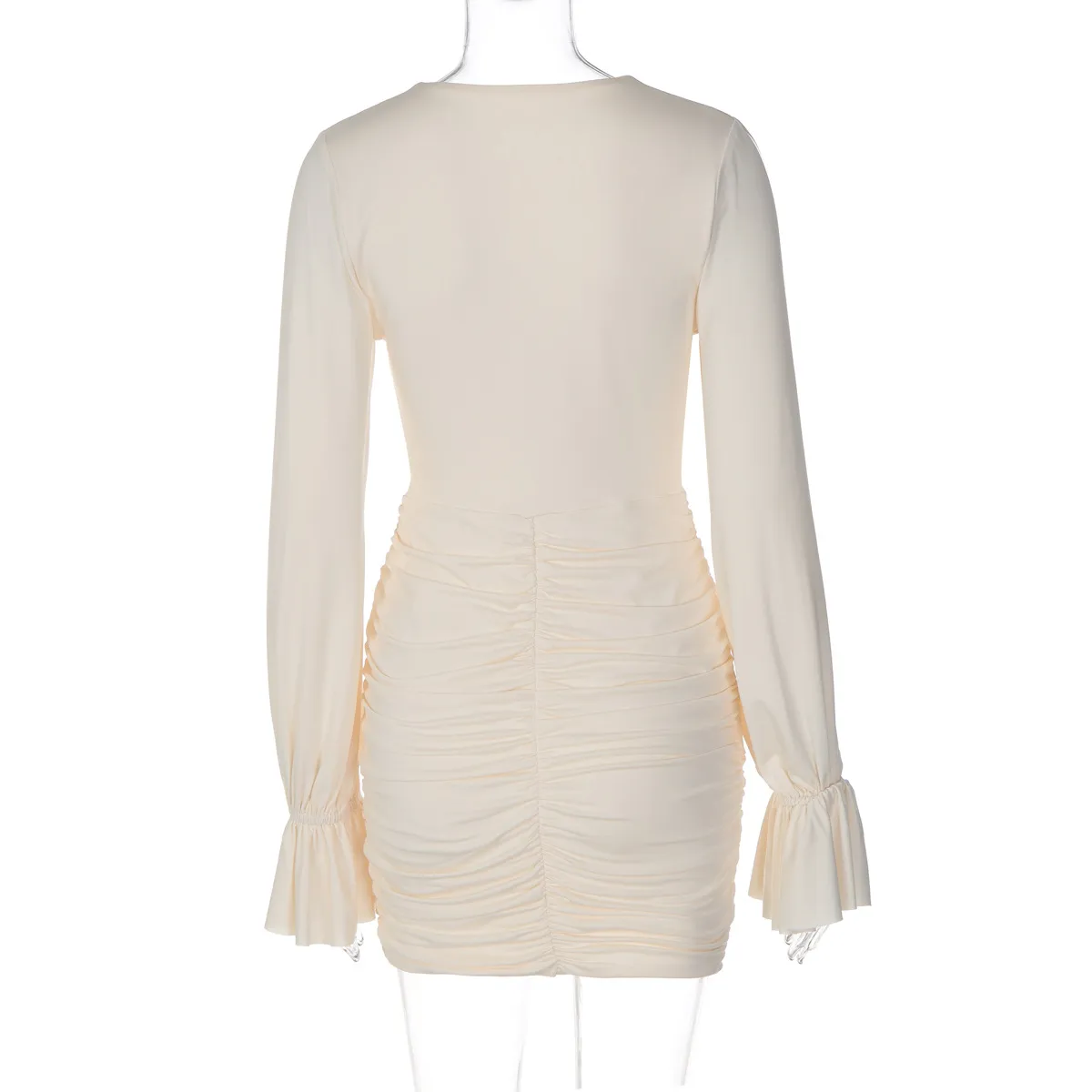 Solid Color V Neck Long Sleeve Bodycon Dress with Elastane Fabric in Above Knee Length for Elegant Mature Style