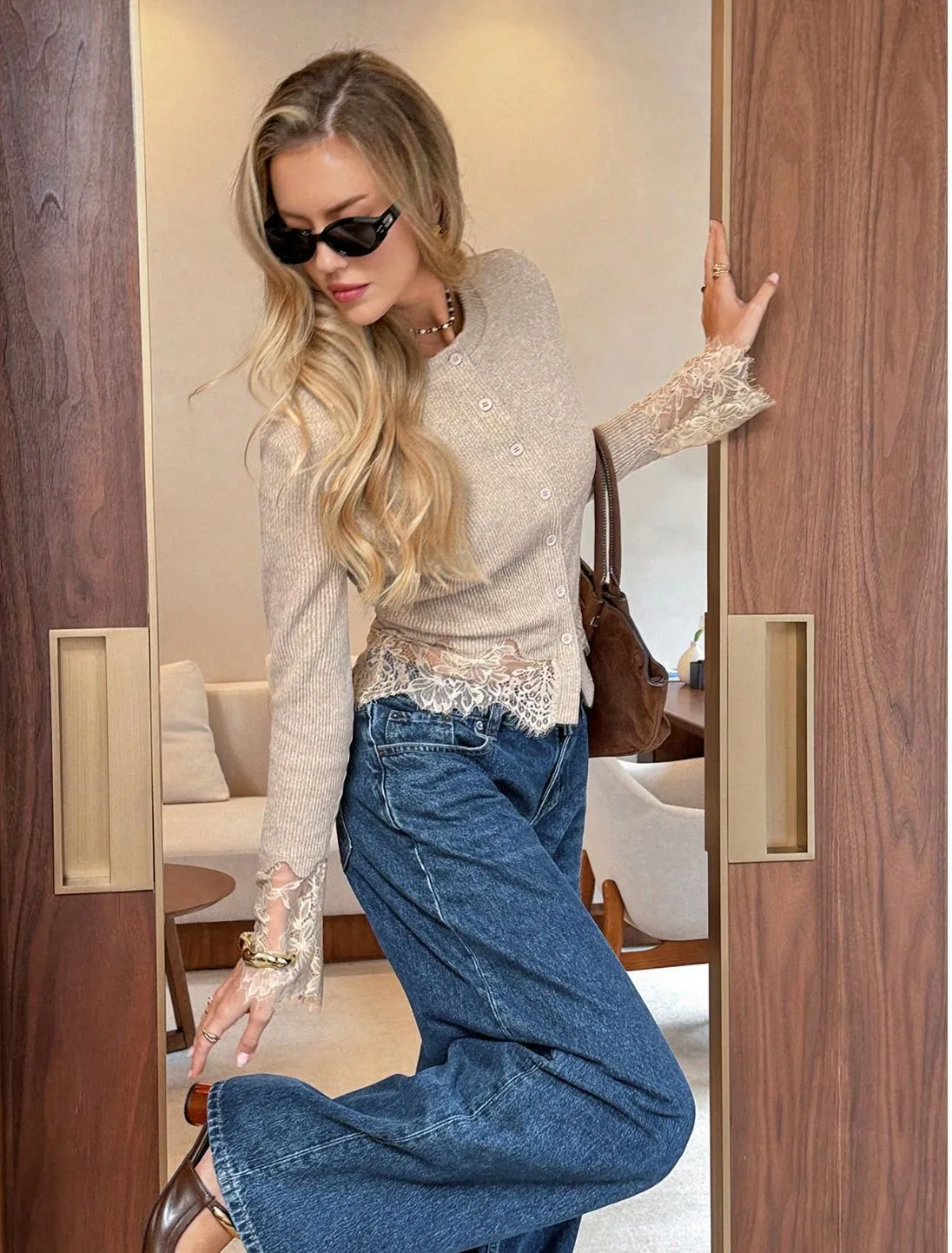 Elegant Solid Color Long Sleeve Polyester Knitwear for Women with Hollow Out Craft and Placket