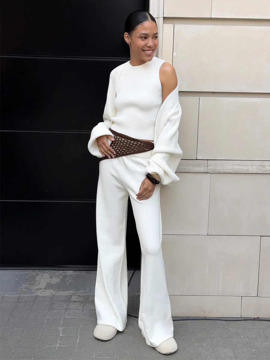 Elegant Solid Color Wide Leg Pants Pant Co-ord Set in Knitted Fabric with Knitted Craft, Featuring Halter Style, 3 Pieces Set