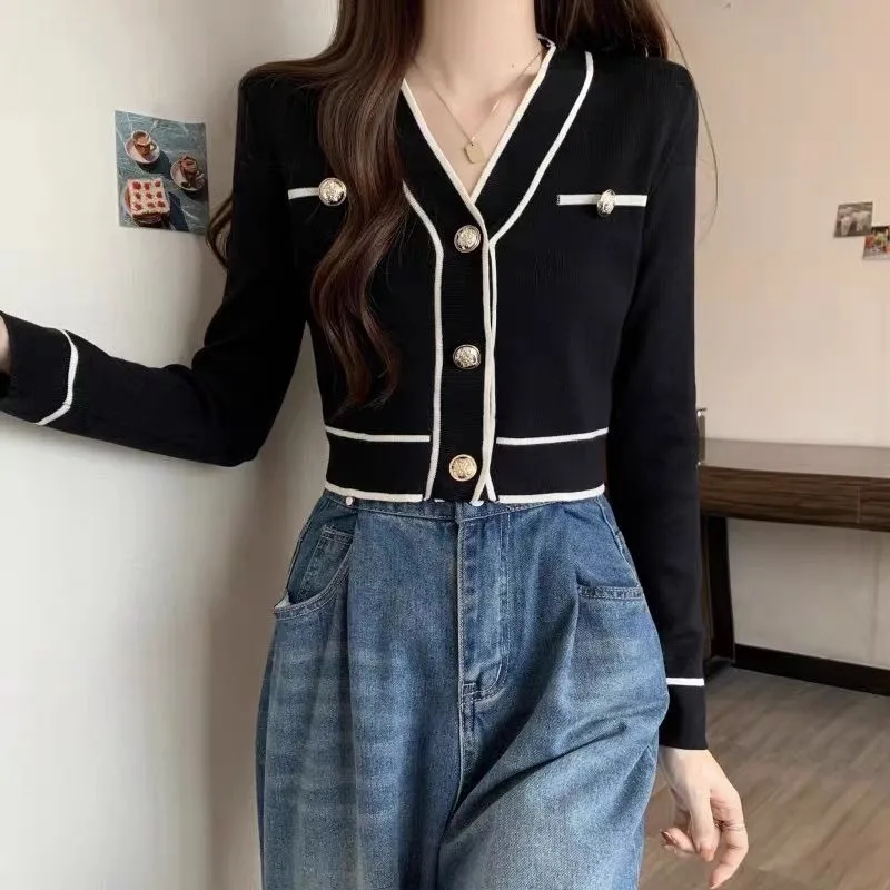 Contrast Collar Long Sleeve Pullover Sweater for Women