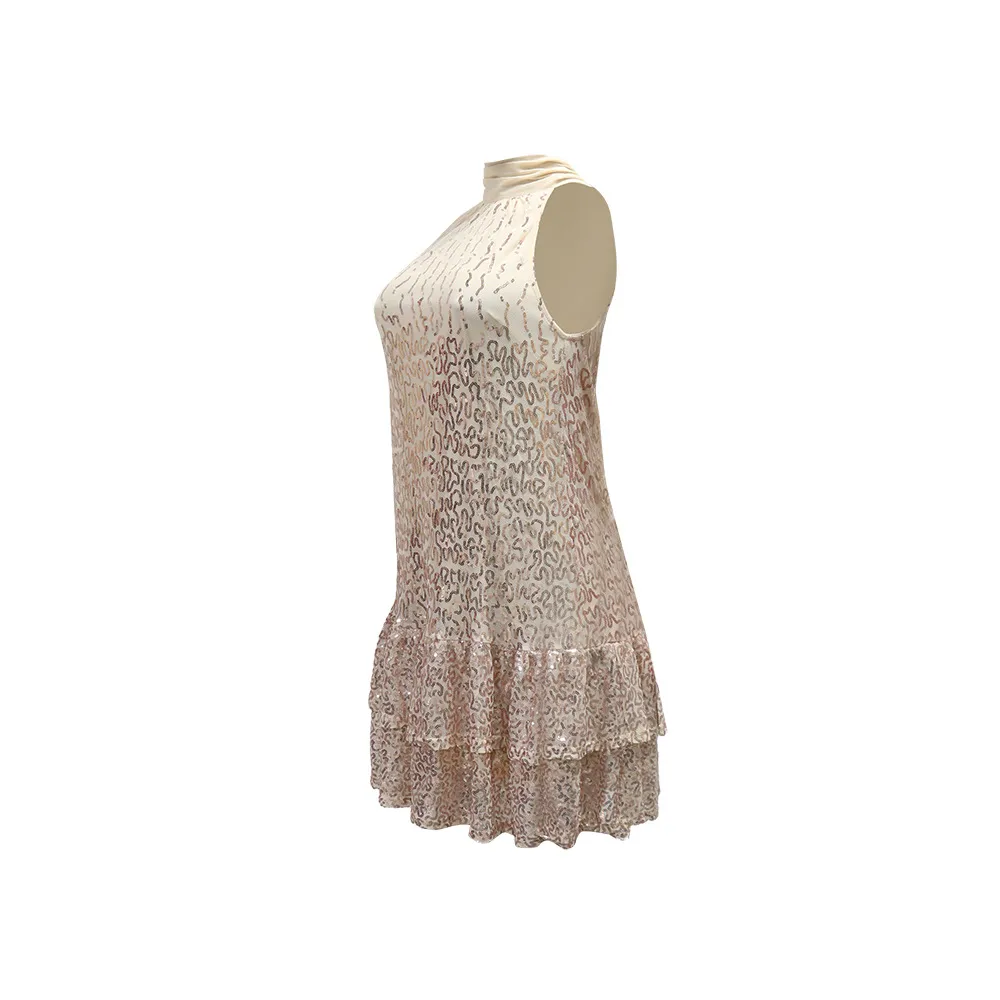 Sexy Sleeveless Solid Color Sequin Dress with Round Neck in Polyester for Casual Wear