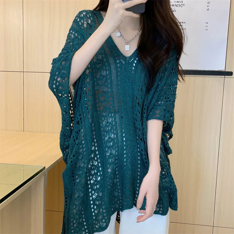 Loose V Neck Batwing Sleeve Solid Color Pullover Sweater for Women