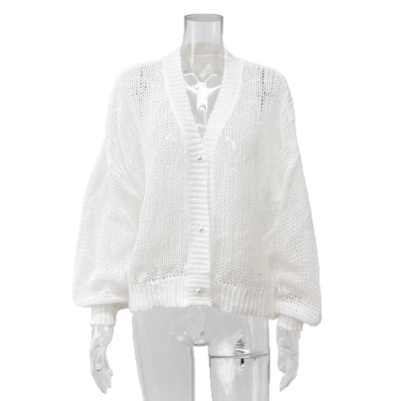 Solid Color Polyester Sweater with Long Sleeves, V Neck, and Single Breasted Closure in Streetwear Style
