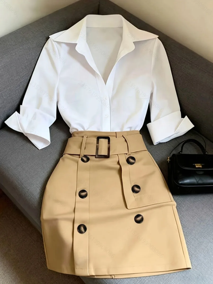 Solid Color Skirt Co-ord Set in Polyester Featuring a Slim Fit Blouse with Regular Sleeves for Commute