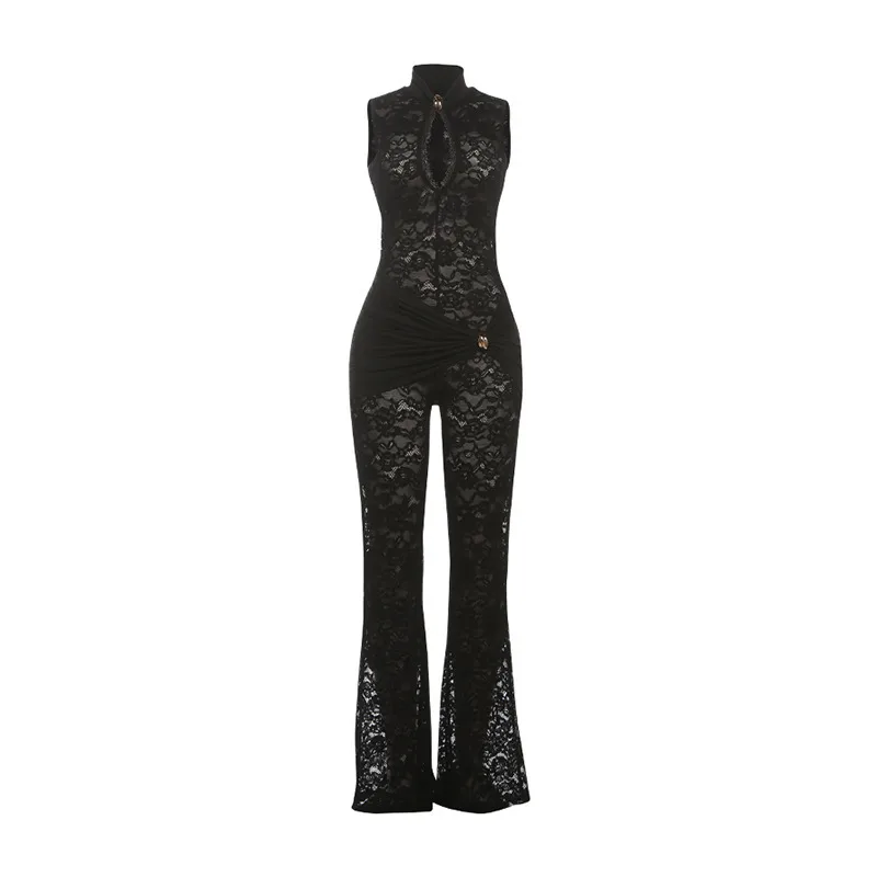 Sexy Lace Full Length Jumpsuit for Women in Polyester Fabric Featuring Elegant Lace Craft with Micro-Elastic Comfort