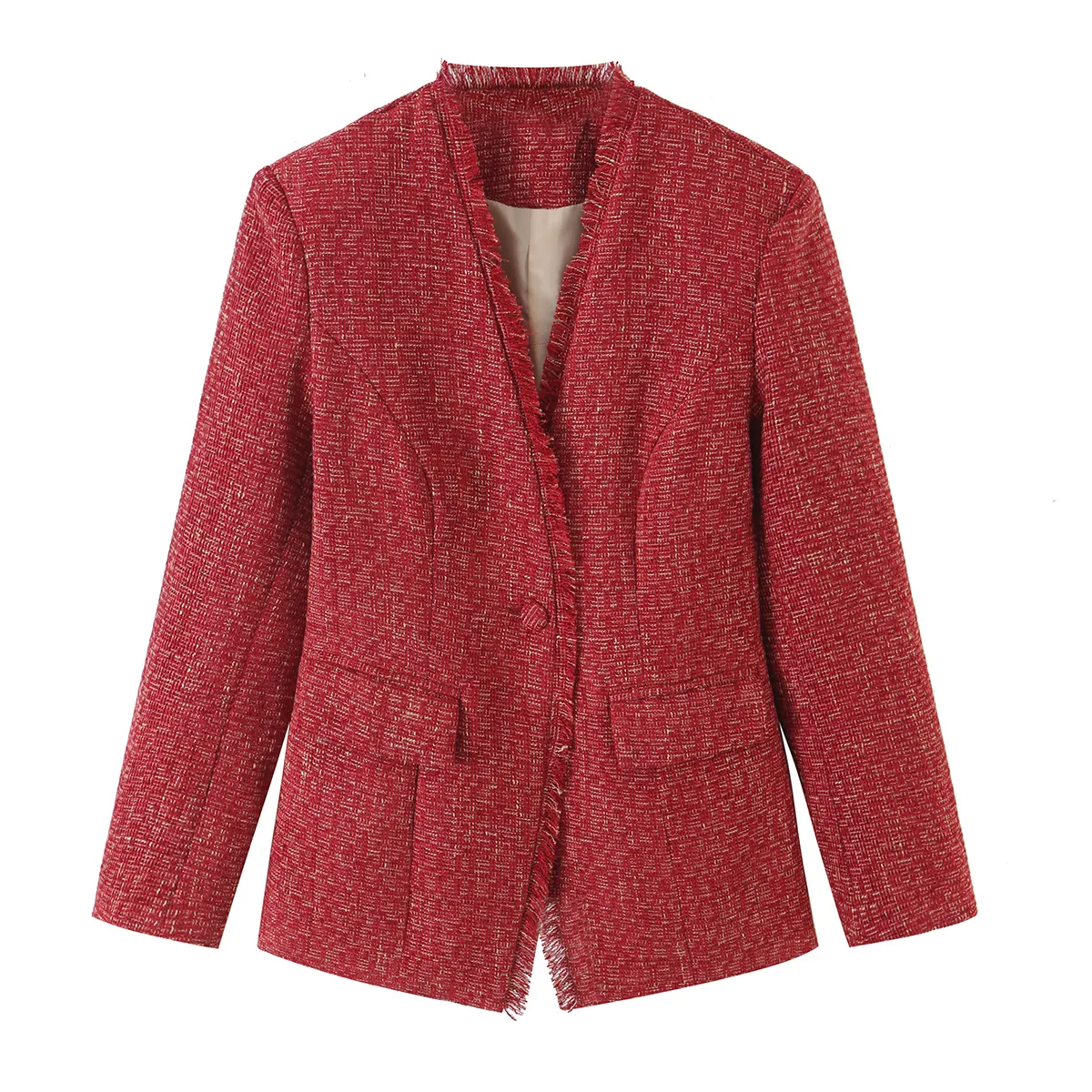 Streetwear Long Sleeve Polyester Blazer with Tassel Craft and V Neck in Regular Sleeve Style
