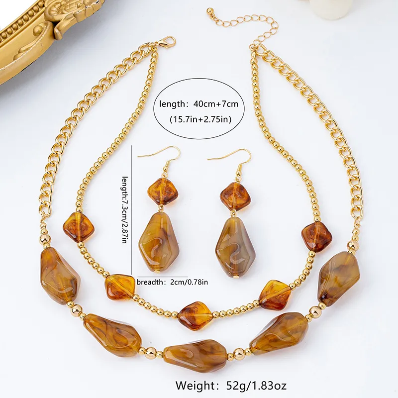 Irregular Pattern Jewelry Set for Women with KC Golden Plated 0.03µm Finish, Acrylic Inlay, Beaded Chain, and Beading Craft