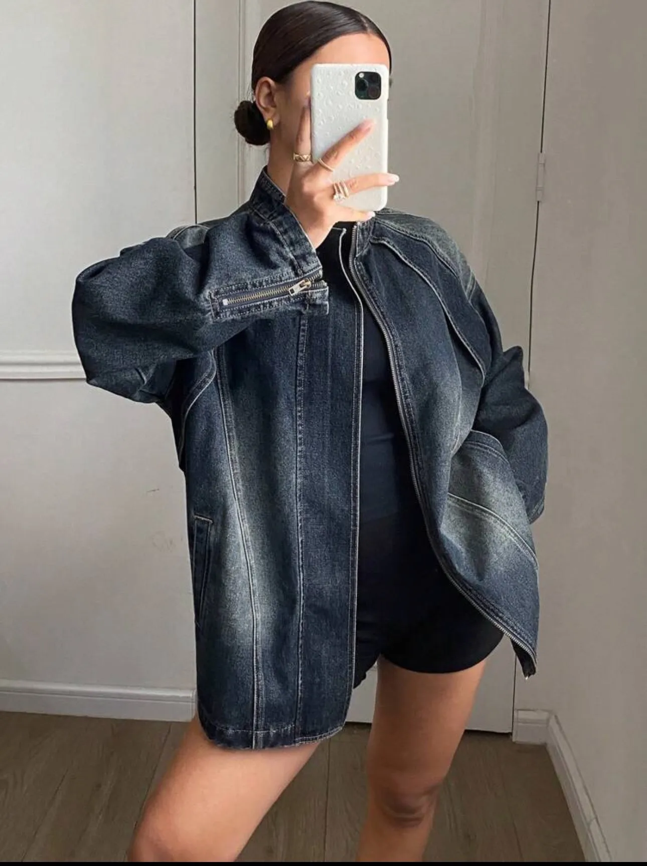 Vintage Style Denim Jacket Coat with Zipper Placket, Standing Collar, Washed Cotton Blends Fabric for Women